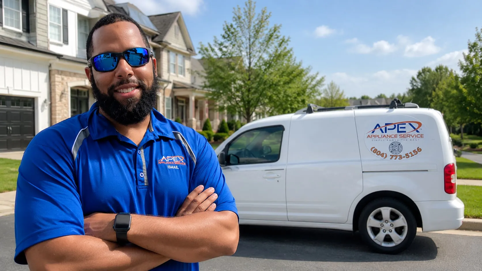 Apex Appliance Service technician beside a branded service van