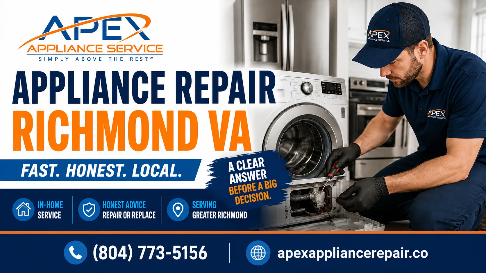 Apex Appliance Service technician repairing a washer in a Richmond-area home