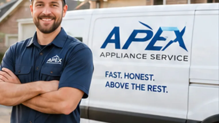 Apex Appliance Service technician beside a branded service van